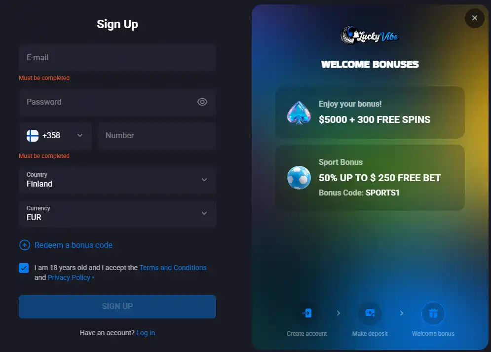 Lucky Vibe registration or account setup screen on the official Australian site