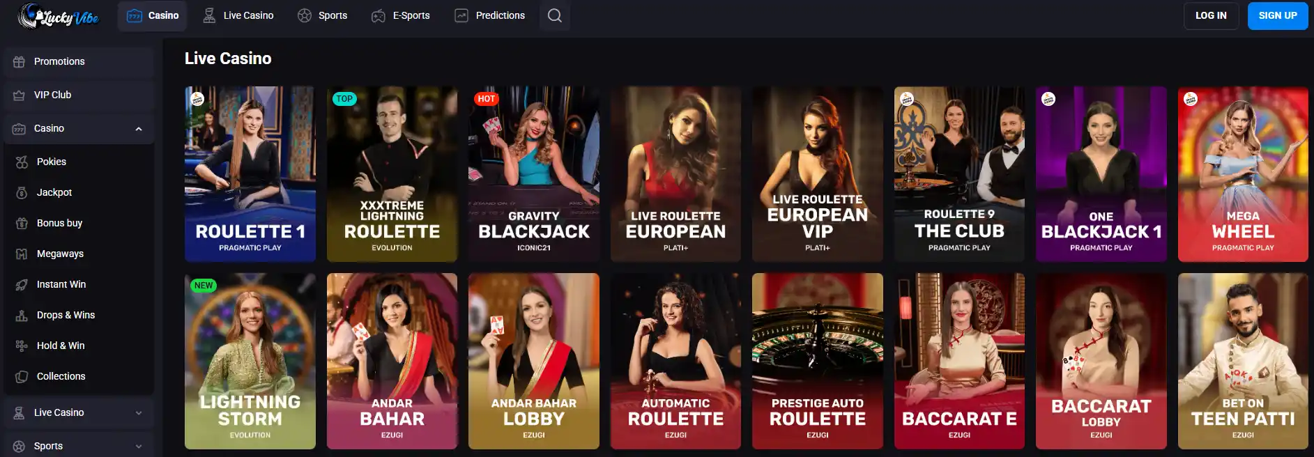 Lucky Vibe live casino lobby with blackjack roulette and game show categories
