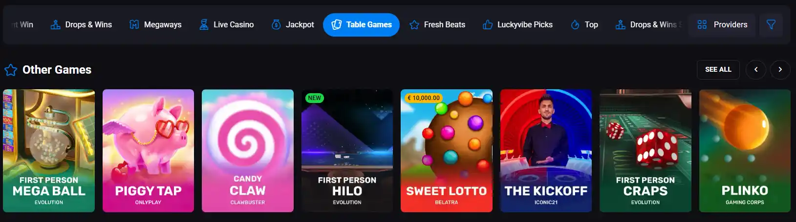 Lucky Vibe table games and live game show category navigation