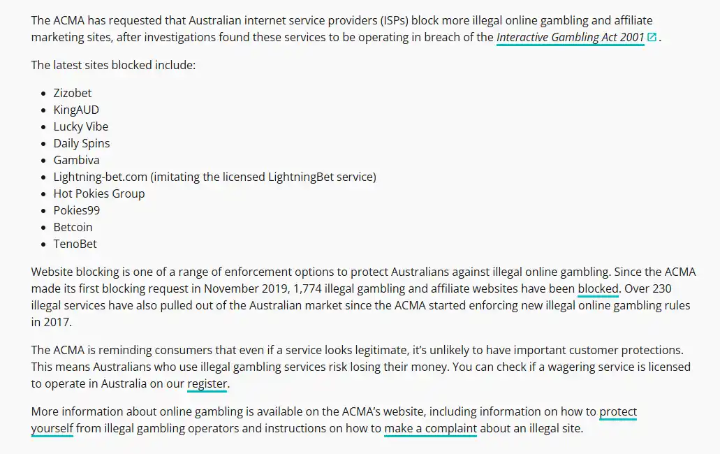 ACMA July 2026 notice naming Lucky Vibe among websites requested for ISP blocking