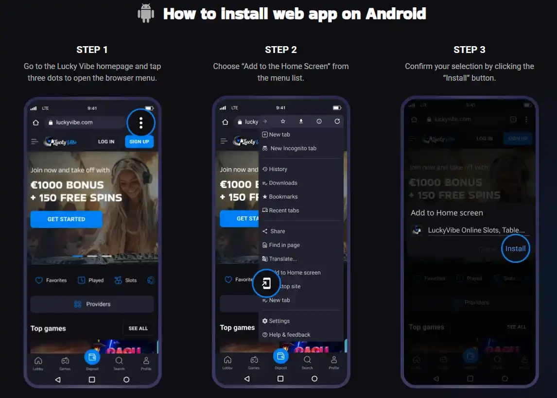 Lucky Vibe official Android web app installation instructions