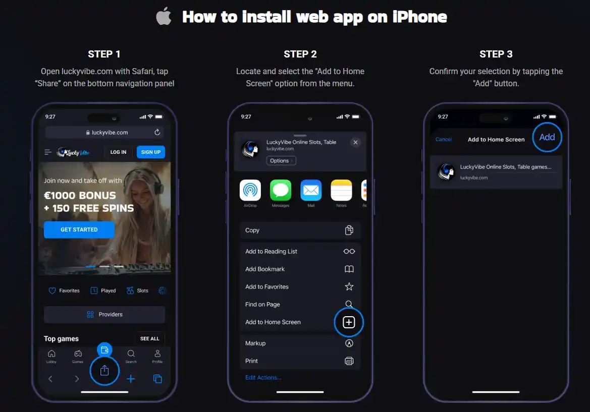Lucky Vibe official iPhone web app installation instructions in Safari