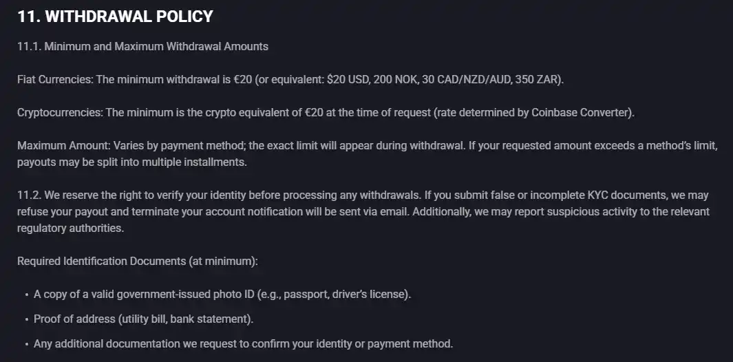 Lucky Vibe official withdrawal policy section in the terms and conditions