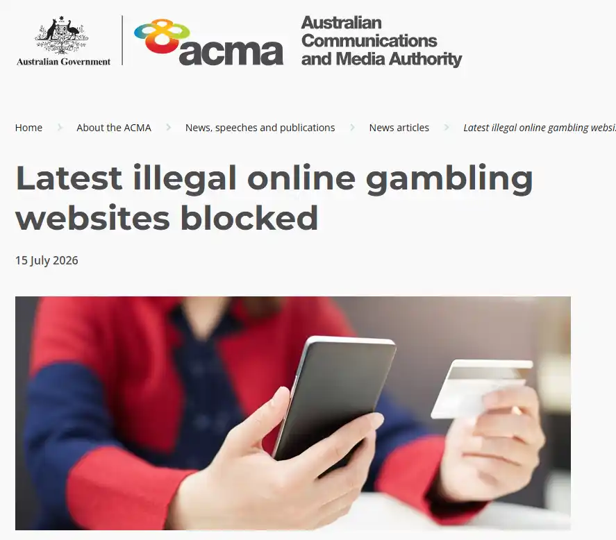 ACMA July 2026 page listing Lucky Vibe among blocked illegal online gambling websites