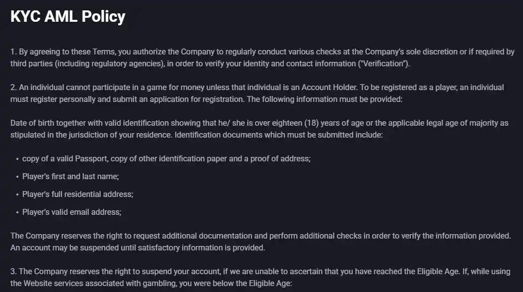 Lucky Vibe official KYC AML policy showing verification requirements